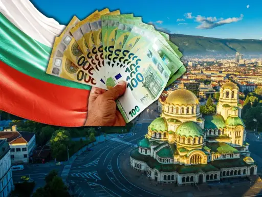Bułgarska flaga, ręka trzymająca eurobanknoty i widok na cerkiew Aleksandra Newskiego w Sofii.
