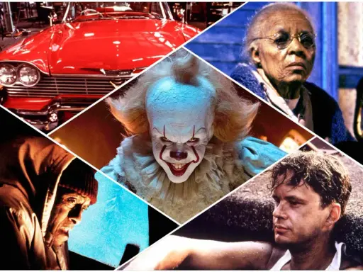 Kolaż scen z filmów na podstawie prozy Stephena Kinga: przerażający klaun Pennywise, czerwony samochód, starsza kobieta, mężczyzna w kapturze i młody chłopak.