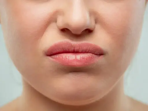 Gros plan sur une bouche pincée, le nez rouge que faire ? Une expression de dégoût ou de gêne.