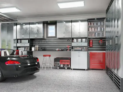 Aménagement garage 15m2 : voiture de sport noire, armoires métalliques, outils, générateur et tabouret rouge.