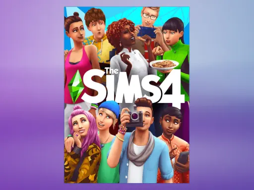 Grupa uśmiechniętych Simów pozuje do zdjęć. To okładka gry The Sims 4, która pokazuje, skąd pochodzi ta popularna seria gier.