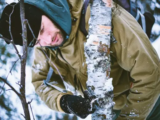 Mężczyzna w kurtce camo pochyla się nad drzewem w zimowym lesie.