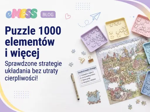 Strategie układania puzzli 1000 elementów i więcej. Kolorowe tacki z elementami, częściowo ułożony obrazek miasta.