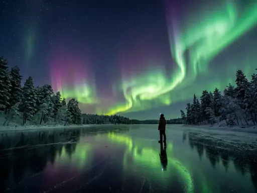 En person står på en isbelagd sjö i svenska Lappland och ser norrskenet dansa över himlen.