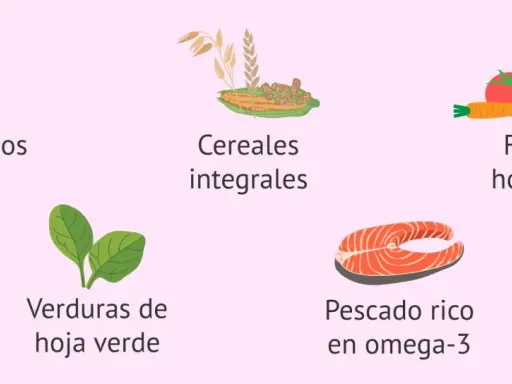 Alimentos clave para una dieta postparto y lactancia: lácteos bajos en grasa, cereales integrales, frutas, hortalizas, verduras de hoja verde y pescado rico en omega-3.