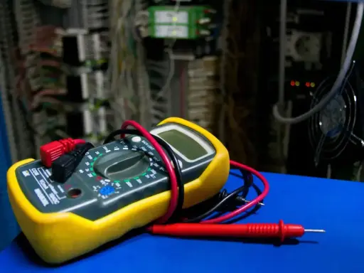 Żółty miernik cyfrowy z czerwonymi i czarnymi przewodami, gotowy do użycia. W tle widać skomplikowaną instalację elektryczną. Dowiedz się, jak używać miernika.