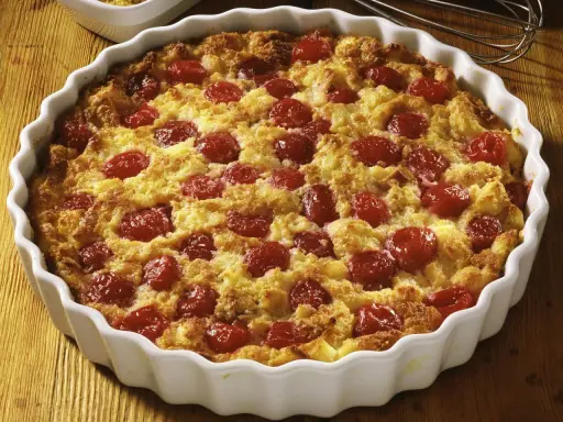 Ein frisch gebackener Kirschenmichel im weißen Auflaufform, bereit zum Servieren. Das Kirschenmichel Rezept ist ein Genuss!