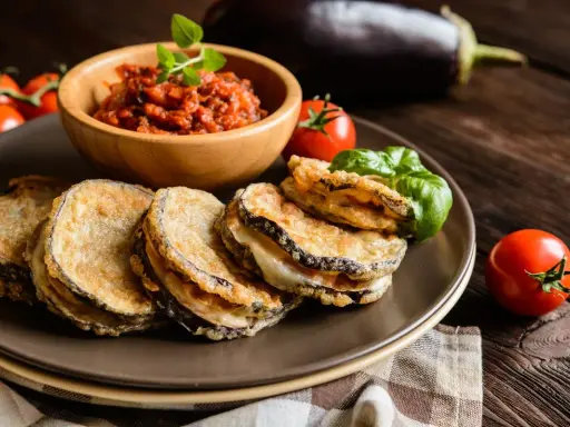Cotolette di melanzane dorate e croccanti, servite con salsa di pomodoro e basilico fresco.