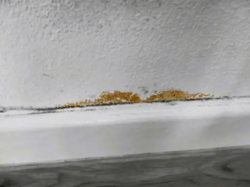 Una macchia di muffa arancione si estende lungo il bordo di un muro bianco, segno di umidità.