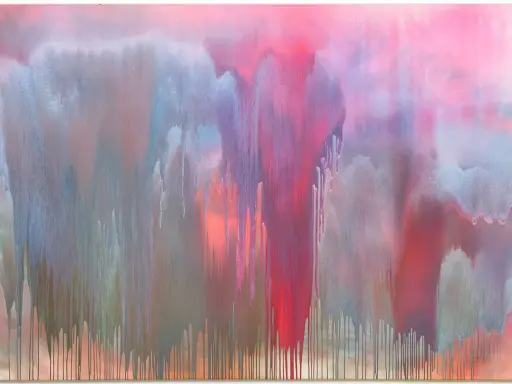 Abstrakte Tropfen in Rosa- und Blautönen, die an einen Wasserfall erinnern. Ein Werk moderner Maler, das Emotionen und Bewegung einfängt.
