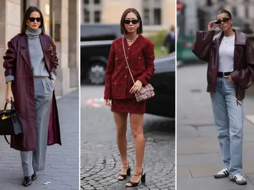 Tre look eleganti con il color vinaccia: trench in pelle, tailleur e giacca biker. Abbinamenti vestiti che esaltano la tonalità profonda.