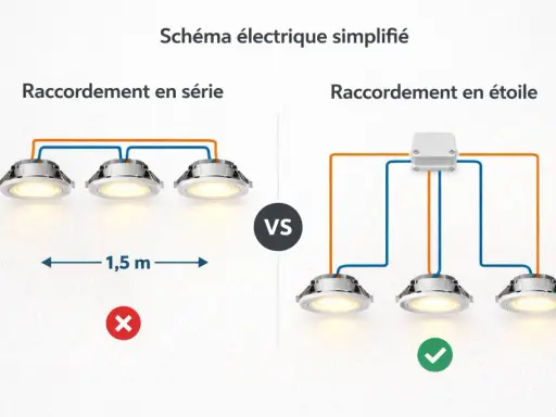 Schéma cablage spot plafond : raccordement en série vs en étoile. Le schéma en étoile est le plus recommandé.