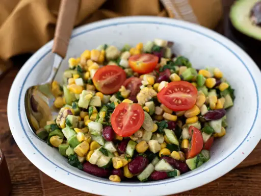 Bunter Kidneybohnen Salat mit Mais, Avocado und Tomaten. Ein erfrischender Genuss für warme Tage.