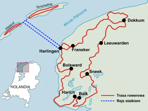 Mapa tras rowerowych i rejsów statkiem po wyspach fryzyjskich w Holandii, w tym Vlieland i Terschelling.