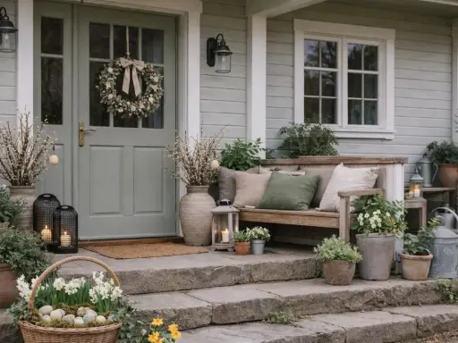 Välkomnande påskris utomhus vid en dörr med krans. Korg med påskägg och blommor. Bänk med kuddar och växter.