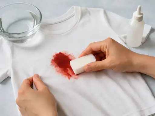 Manos aplicando un producto con una esponja para quitar manchas de sangre secas de una camiseta blanca.
