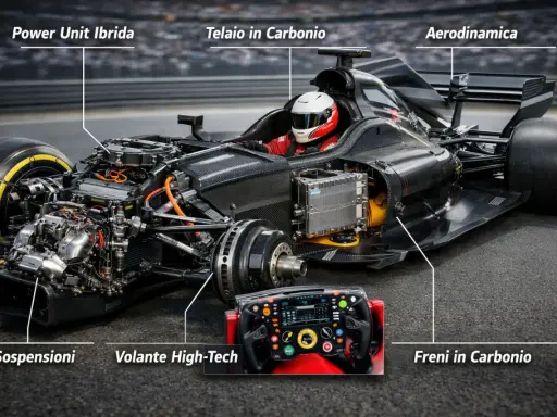 Dettagli di una macchina monoposto: telaio in carbonio, power unit ibrida, aerodinamica, sospensioni, freni in carbonio e volante high-tech.