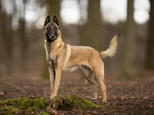 Un Malinois, chien au port altier, se tient dans une forêt. Est-ce que le Malinois est dangereux ? Non, s'il est bien éduqué, c'est un compagnon loyal.