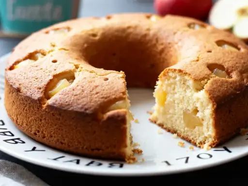 Gâteau rond aux pommes, idéal pour bébé, sans sucre ajouté. Une tranche est coupée, révélant la texture moelleuse et les morceaux de pomme.