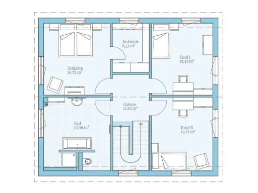 Grundriss mit Schlafzimmer, Bad, Ankleide und zwei Kinderzimmern. Der begehbare Kleiderschrank ist Teil des Schlafbereichs.