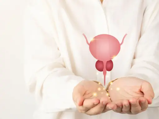 Dłonie trzymające symbol prostaty, nawiązanie do łagodnego przerostu prostaty u psa.