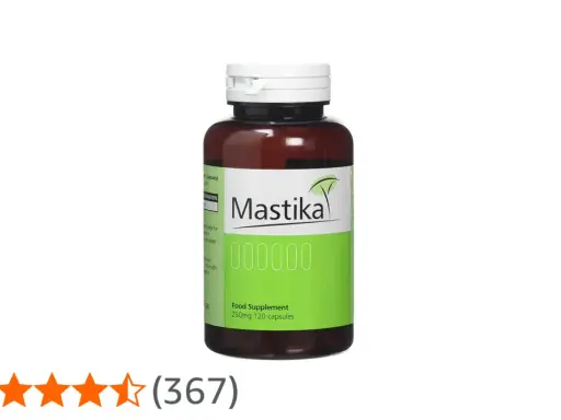 Butelka suplementu diety Mastika, 250mg 120 kapsułek. Mastika na co? Na problemy z żołądkiem.