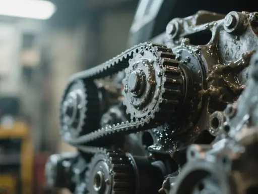 Primer plano de un motor con la correa de distribución rota, cubierto de aceite.