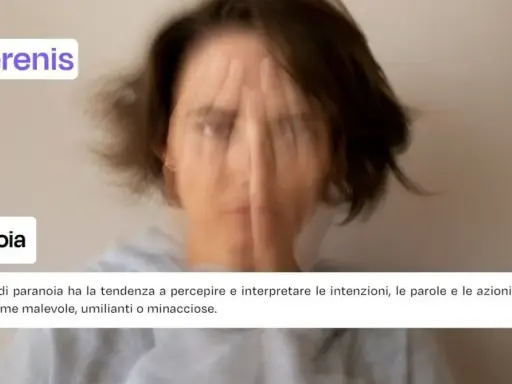 Una persona con il volto coperto dalle mani, con un'espressione turbata. Il testo parla di paranoia, descrivendo come chi ne soffre percepisce gli altri come pericolosi.