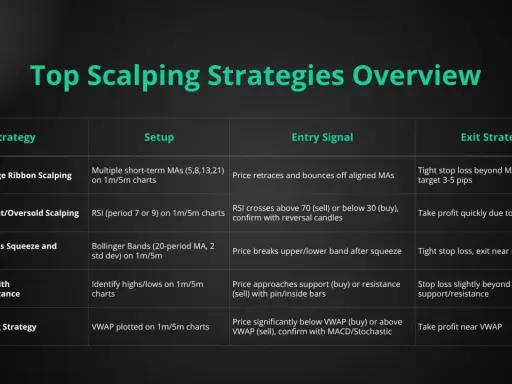 Tabela porównująca strategie scalpingowe: scalping co to, setup, sygnał wejścia i wyjścia.