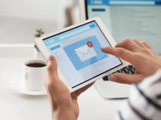 Ręce trzymają tablet z ekranem poczty e-mail, gdzie widać powiadomienie o nowej wiadomości. Może to być początek pisania reklamacji po angielsku.