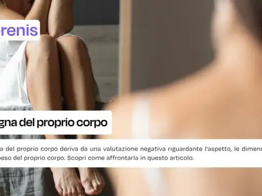 Persona seduta, che si guarda allo specchio, con un'espressione di disagio. Il testo parla di vergognarsi del proprio corpo.