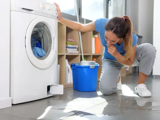 Kobieta klęczy przy pralce, zmartwiona widząc wodę pod nią. Obok stoi niebieskie wiadro.