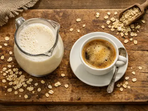 Kaffee mit Hafermilch: eine köstliche Kombination. Die Kalorien sind gering, perfekt für einen gesunden Start in den Tag.