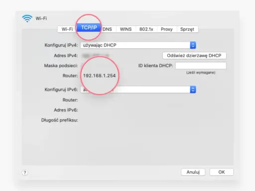 Ustawienia sieciowe TCP/IP. Widoczny adres ip routera: 192.168.1.254.