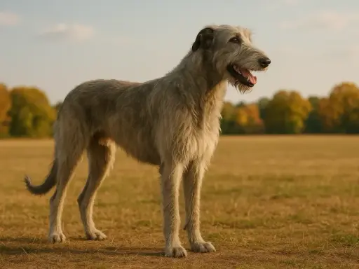 Un majestueux chien irlandais grand, au pelage gris, se tient dans un champ doré sous un ciel bleu.