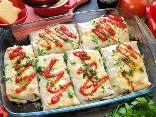 Zapiekana tortilla z mięsem mielonym, posypana serem i natką pietruszki, polana ketchupem. Pyszne danie prosto z piekarnika.