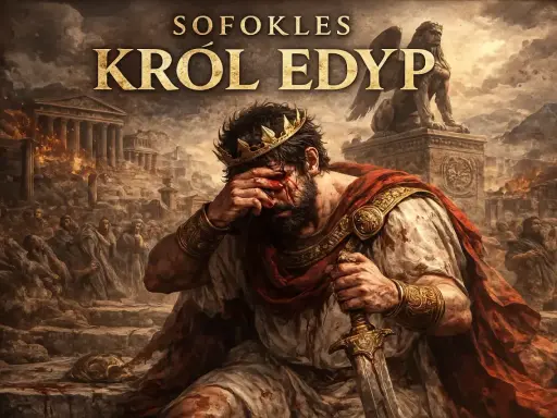 Król Edyp z koroną i mieczem, zakrywający oczy, na tle płonącego miasta i sfinksa.