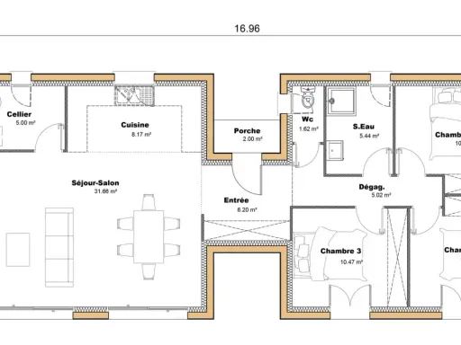Plan de maison avec séjour, cuisine, 3 chambres, cellier, S.Eau, WC. Idéal pour construire sa maison com plan.