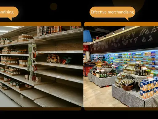 Dwa sklepy: jeden z pustymi półkami (słaby merchandising), drugi z pełnymi, atrakcyjnie ułożonymi produktami (efektywny merchandising).