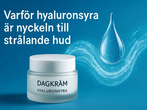 En burk dagkräm med texten "Hyaluronsyra" bredvid en stor vattendroppe. Texten på bilden lyder: "Varför hyaluronsyra är nyckeln till strålande hud.