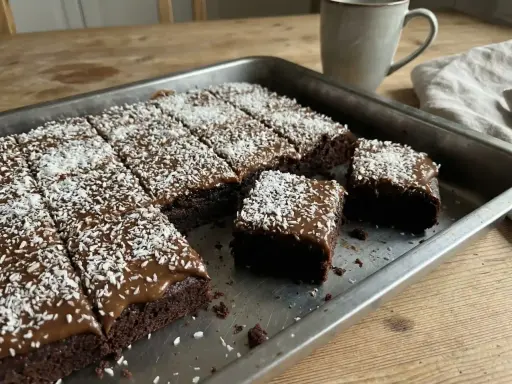 En kladdkaka med glasyr och kokosflingor skuren i bitar i en plåt. En mugg kaffe står bredvid.
