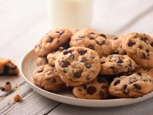Une assiette de délicieux cookie fait maison, parsemés de pépites de chocolat, avec un verre de lait en arrière-plan.