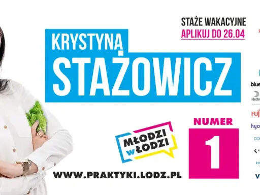 Kobieta z sałatą zastanawia się, co to staż. Reklama "Młodzi w Łodzi" z partnerami.