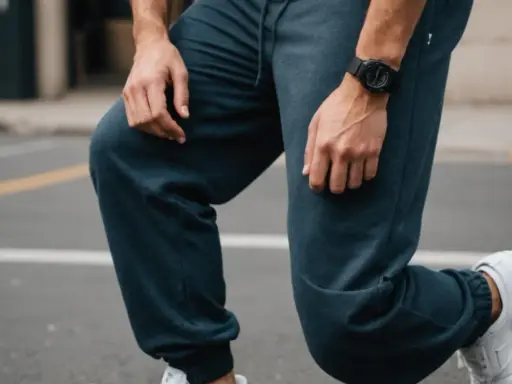 Mężczyzna w granatowych dresach i białych sneakersach. Pokazuje, jak podwinąć spodnie, by uzyskać modny wygląd.