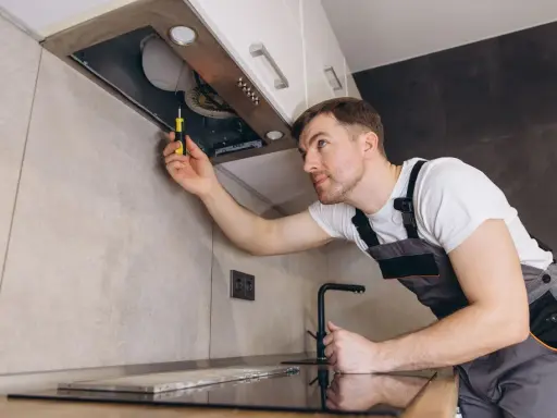 Un homme en salopette utilise un tournevis pour comment installer une hotte de cuisine.