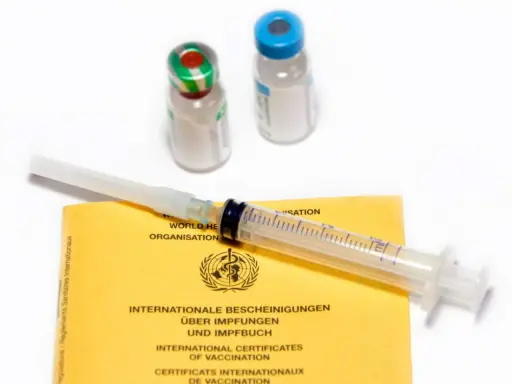 Internationellt vaccinationsintyg, spruta och ampuller. Förberedelser för vaccination i Argentina.