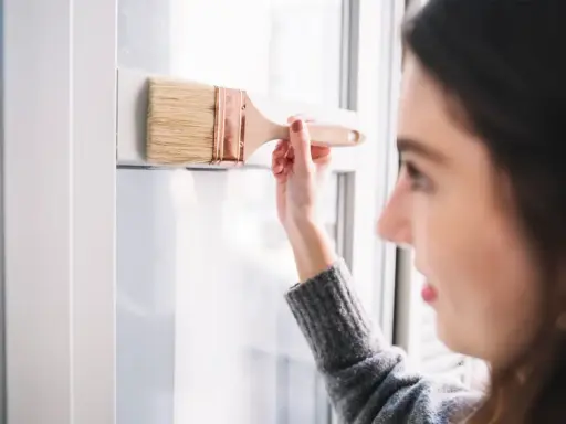 Mujer pintando un marco blanco de PVC con brocha. Aprende como pintar PVC para renovar tus espacios.