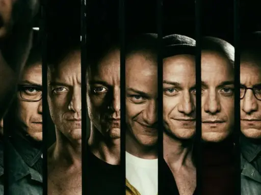 James McAvoy i hans olika personligheter i en film. En intensiv blick från varje fragment av hans karaktär.