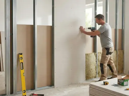 Un homme utilise une perceuse pour poser du placo sur une structure métallique. Des outils et des plaques de plâtre sont visibles.