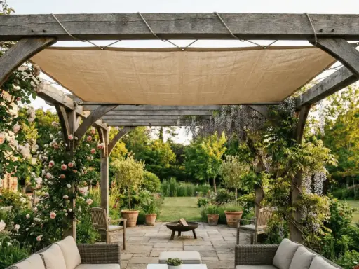 Pente pergola en bois avec roses grimpantes et glycines, offrant un coin salon extérieur paisible.